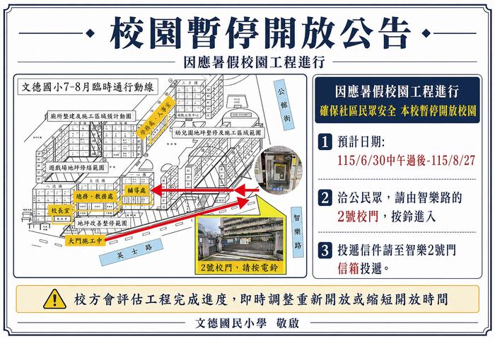 文德國小暑期(6/30-8/27)工程期間，暫停開放校園。